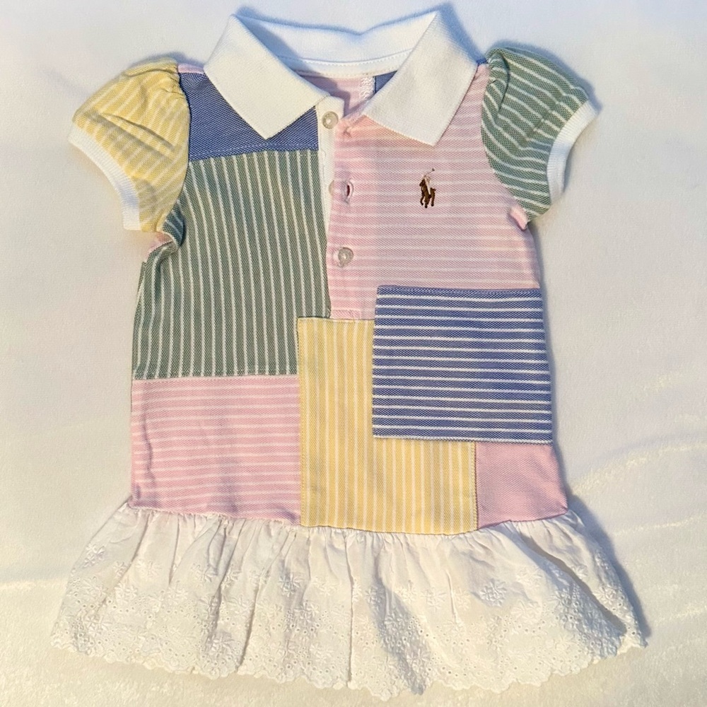 SOLD  Ralph Lauren Baby Girl Colorful Patchwork Polo Dress 6M pastel pink yellow